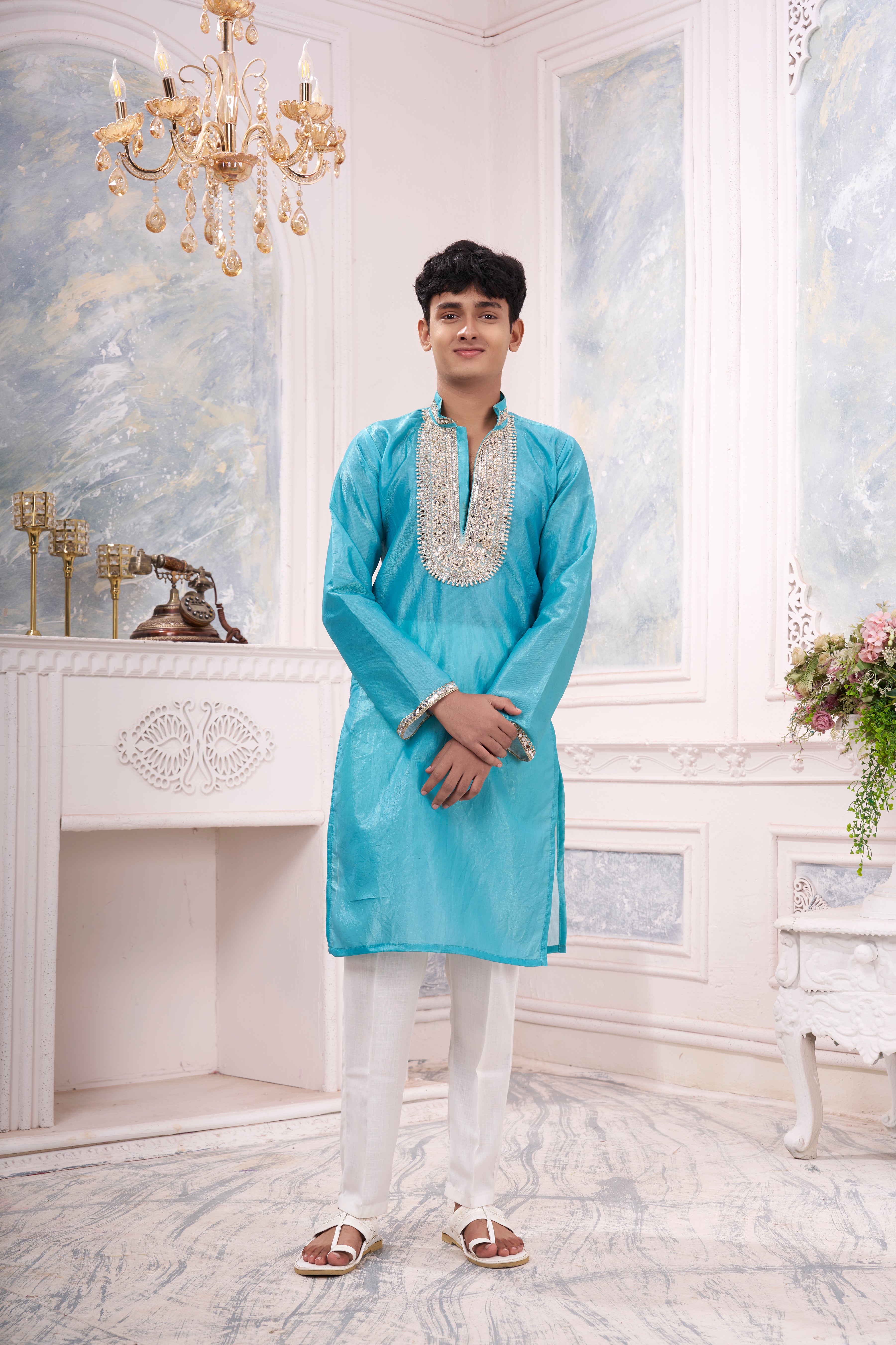 Men's Sky Blue Silk Blend Kurta | Beyou more