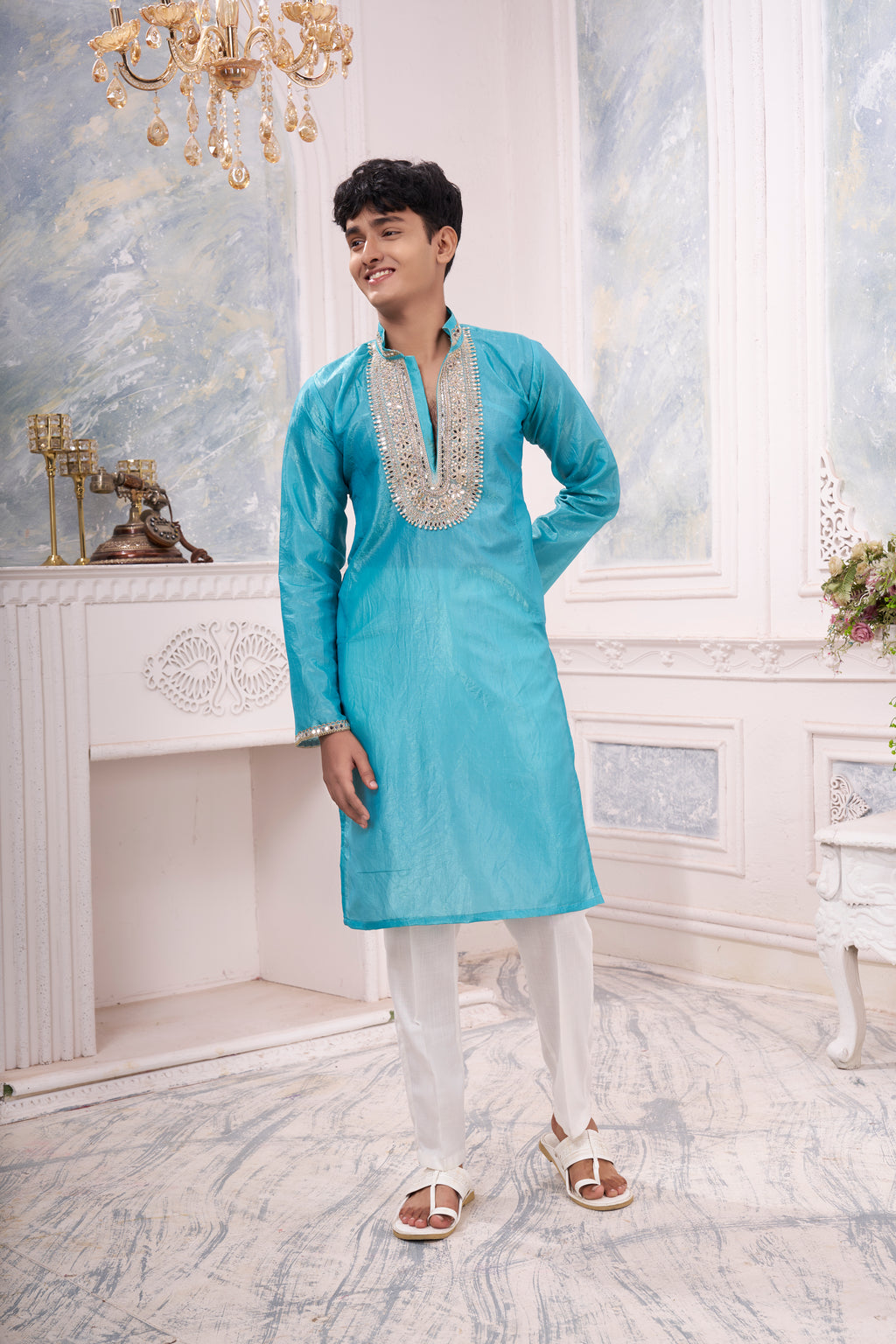 Men's Sky Blue Silk Blend Kurta | Beyou more