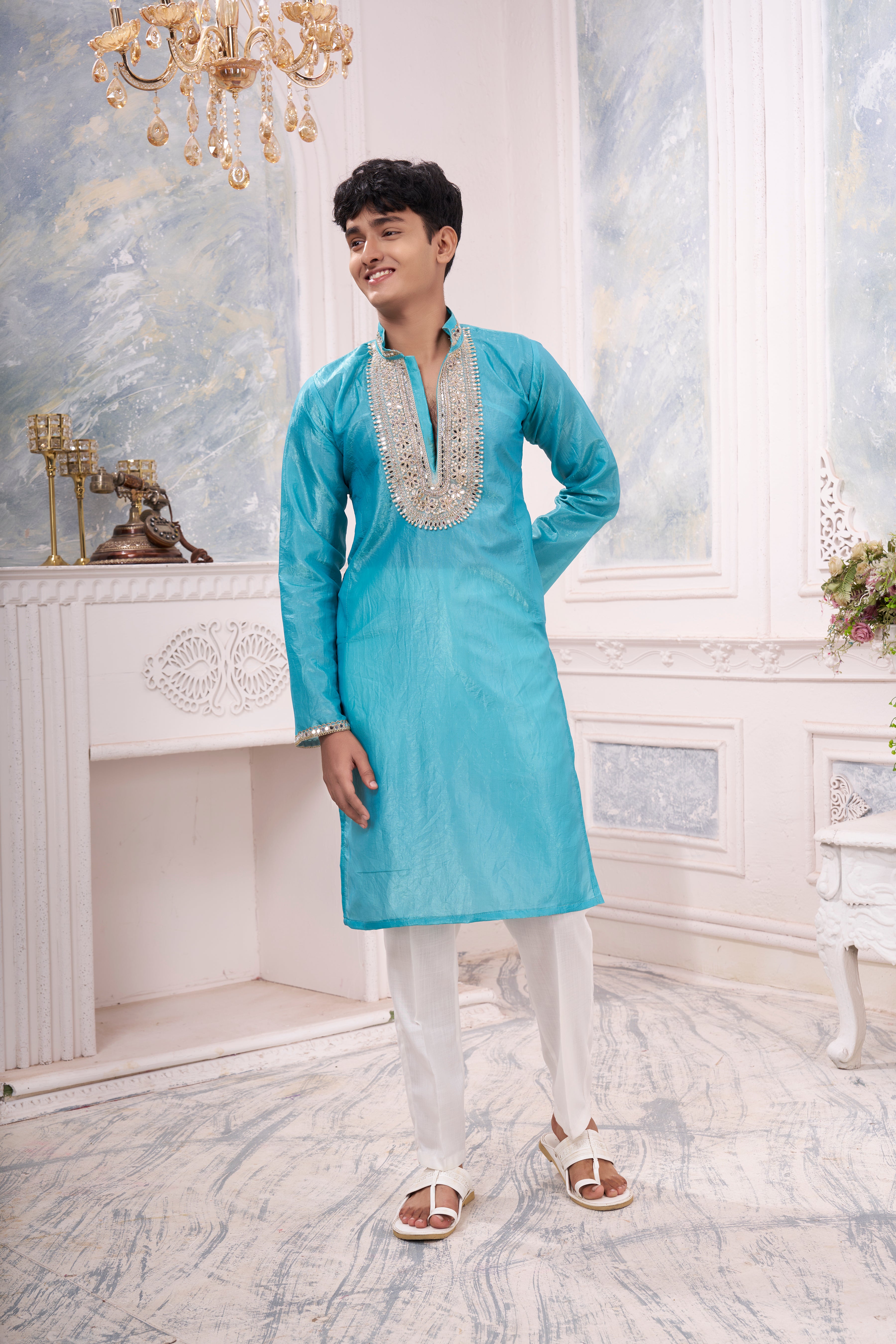 Men's Sky Blue Silk Blend Kurta | Beyou more