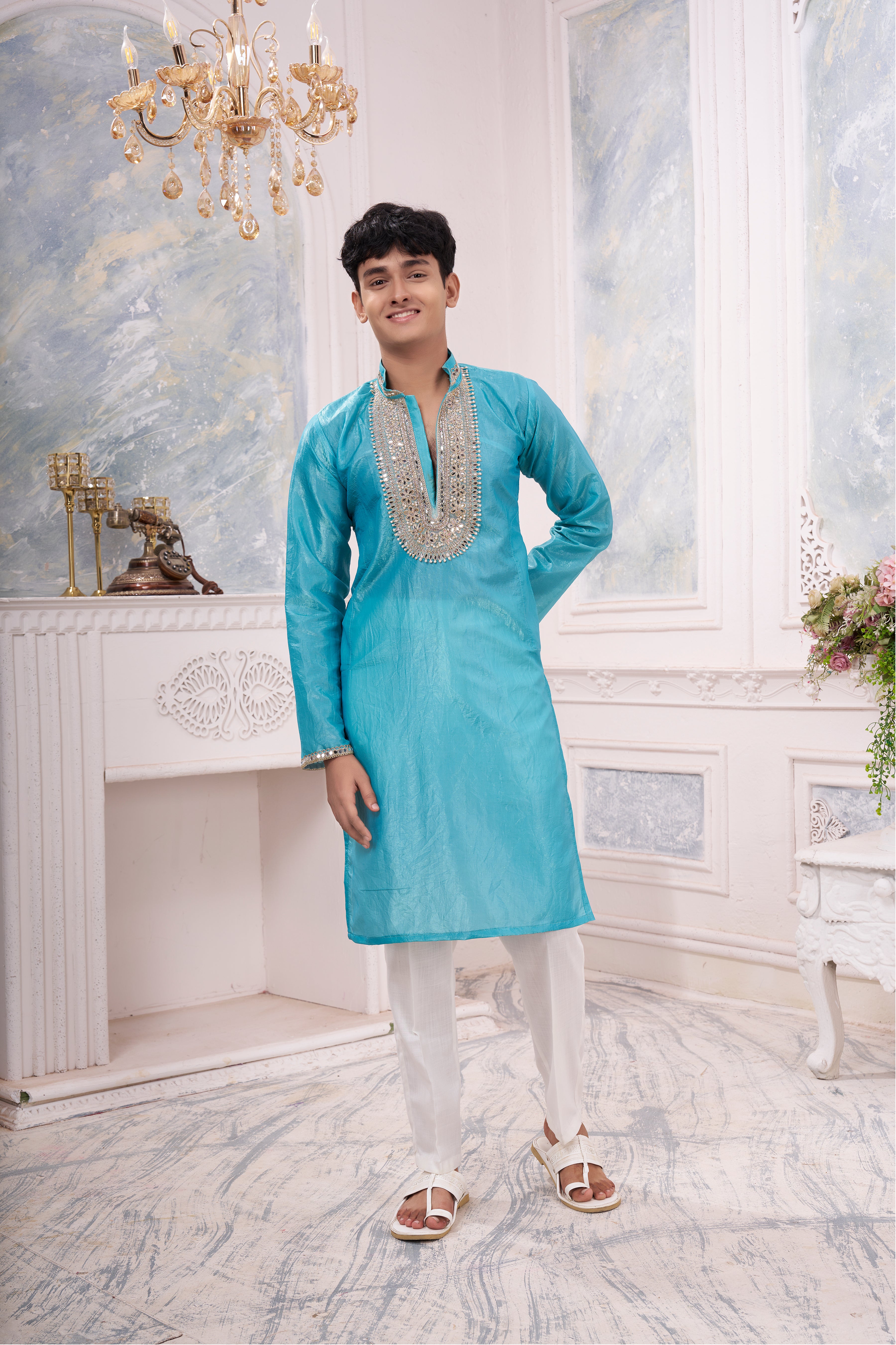 Men's Sky Blue Silk Blend Kurta | Beyou more