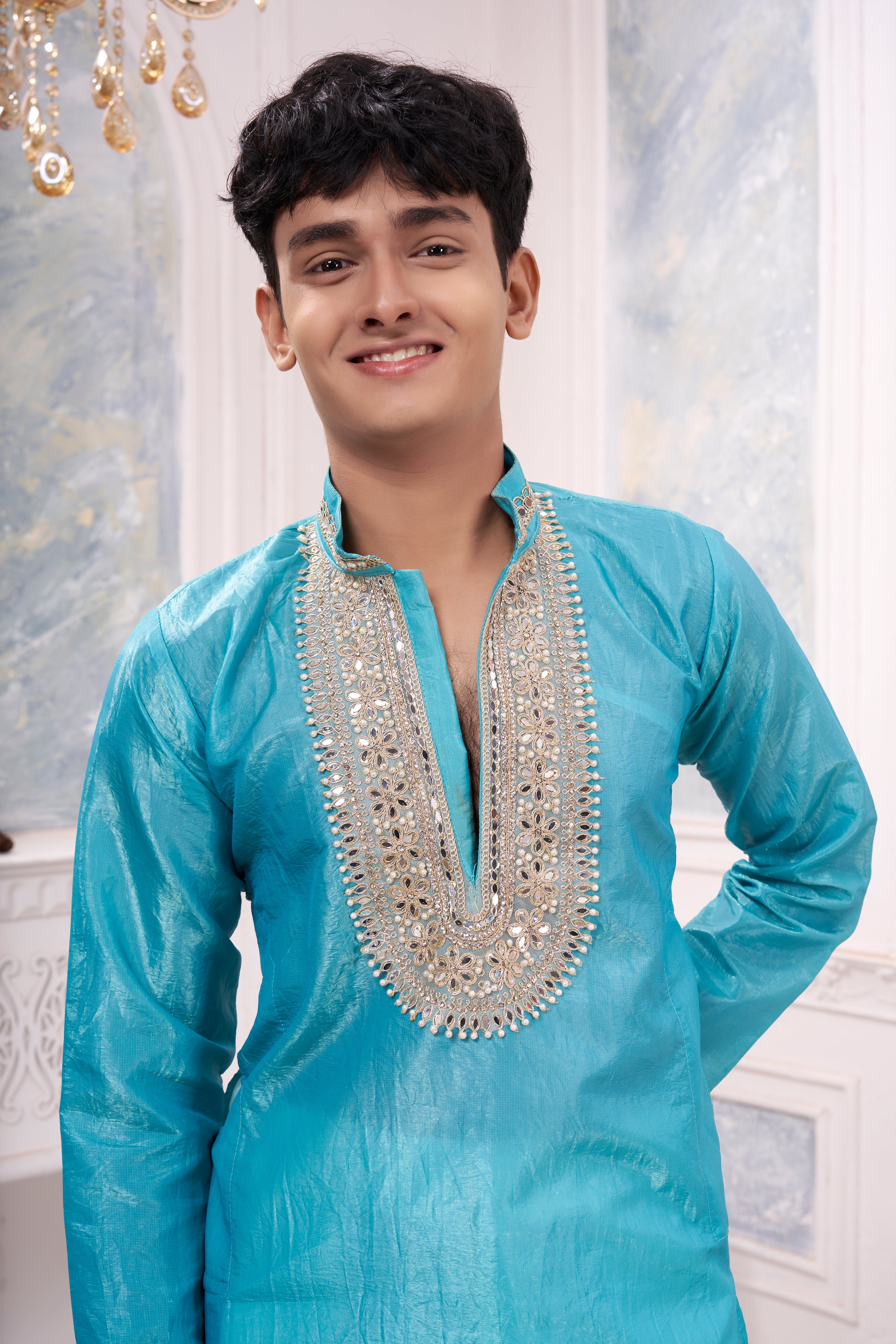 Men's Sky Blue Silk Blend Kurta | Beyou more