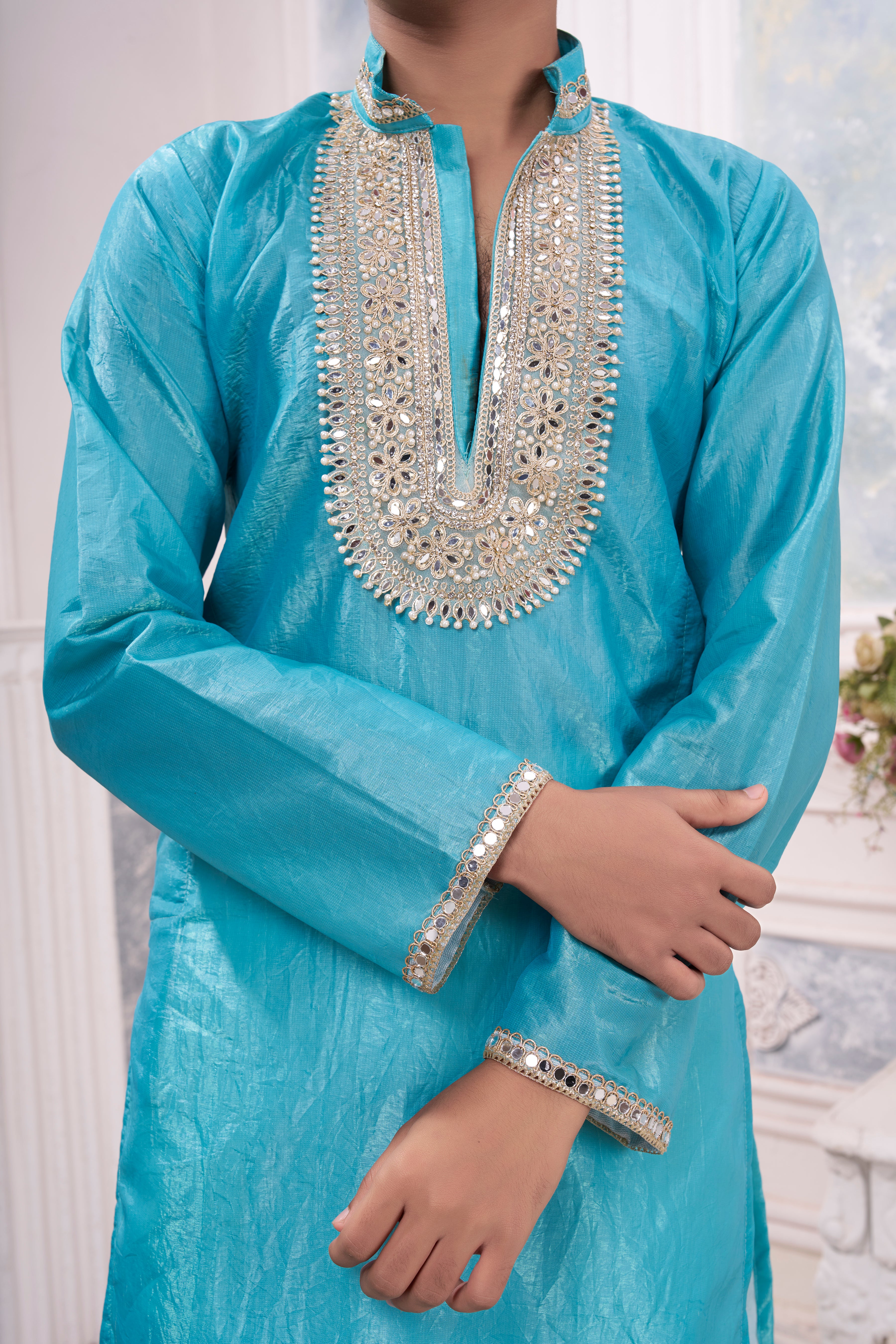 Men's Sky Blue Silk Blend Kurta | Beyou more