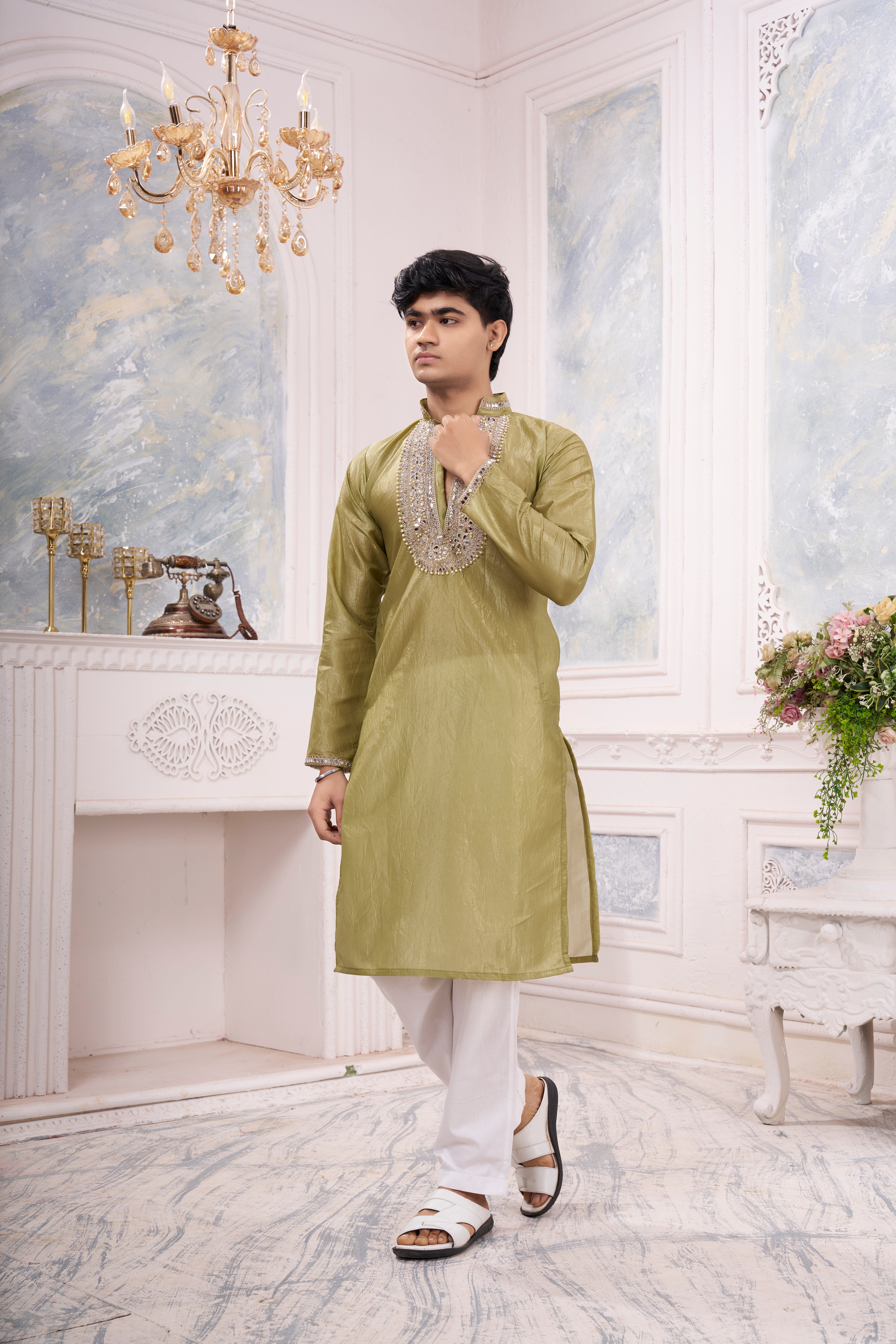 Men's Light Olive Green Silk Blend Kurta | Beyou more