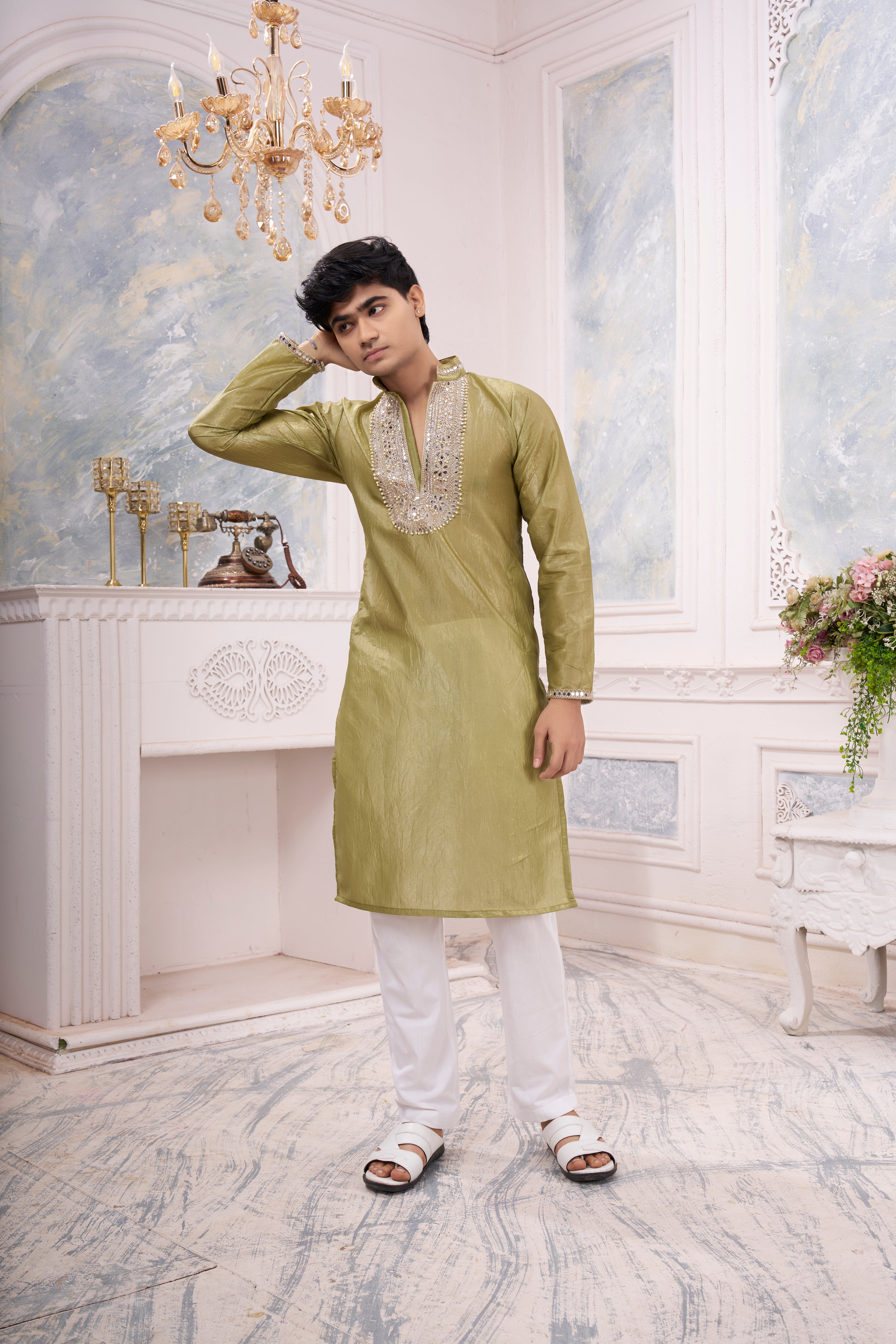Men's Light Olive Green Silk Blend Kurta | Beyou more