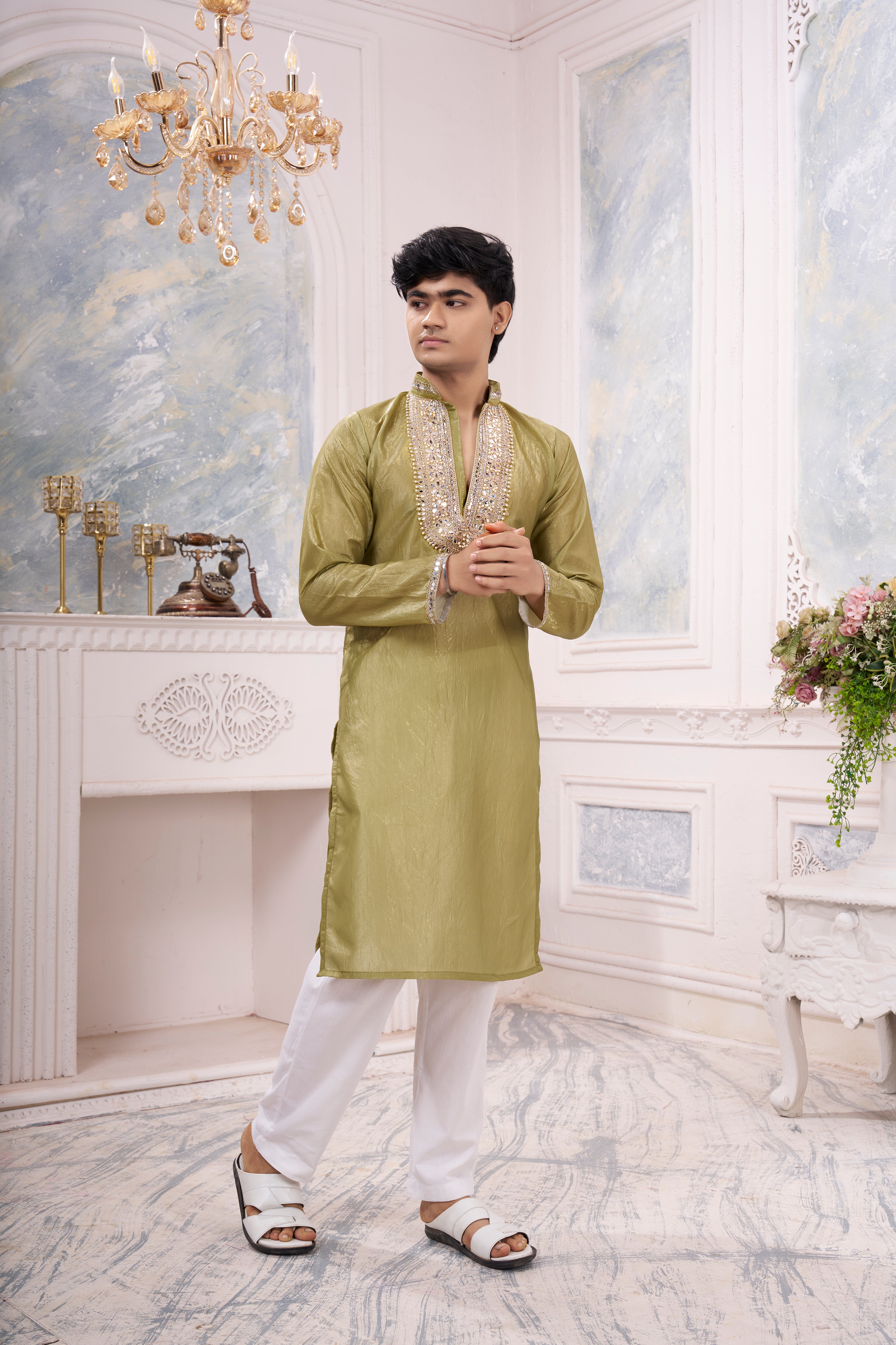 Men's Light Olive Green Silk Blend Kurta | Beyou more
