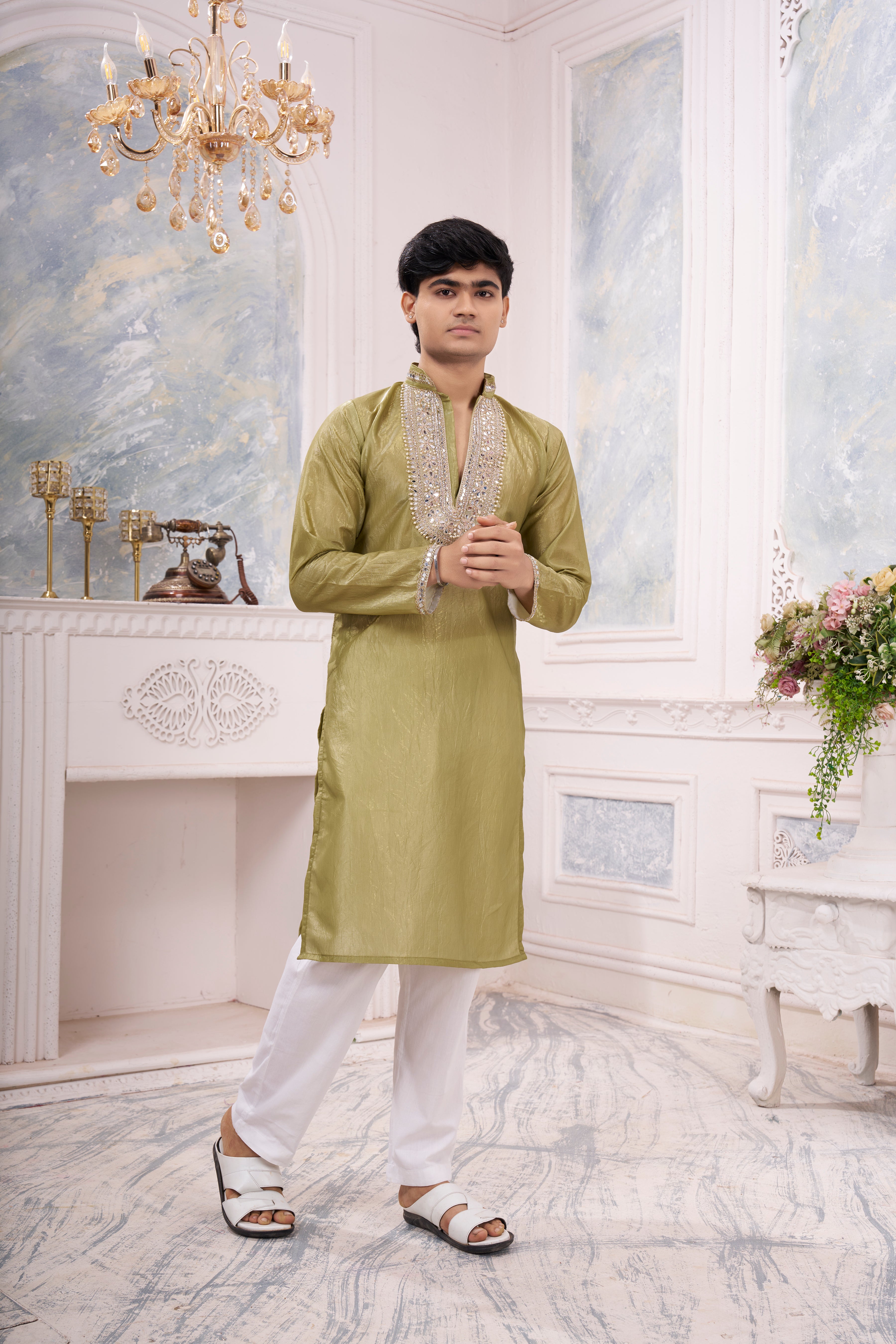 Men's Light Olive Green Silk Blend Kurta | Beyou more