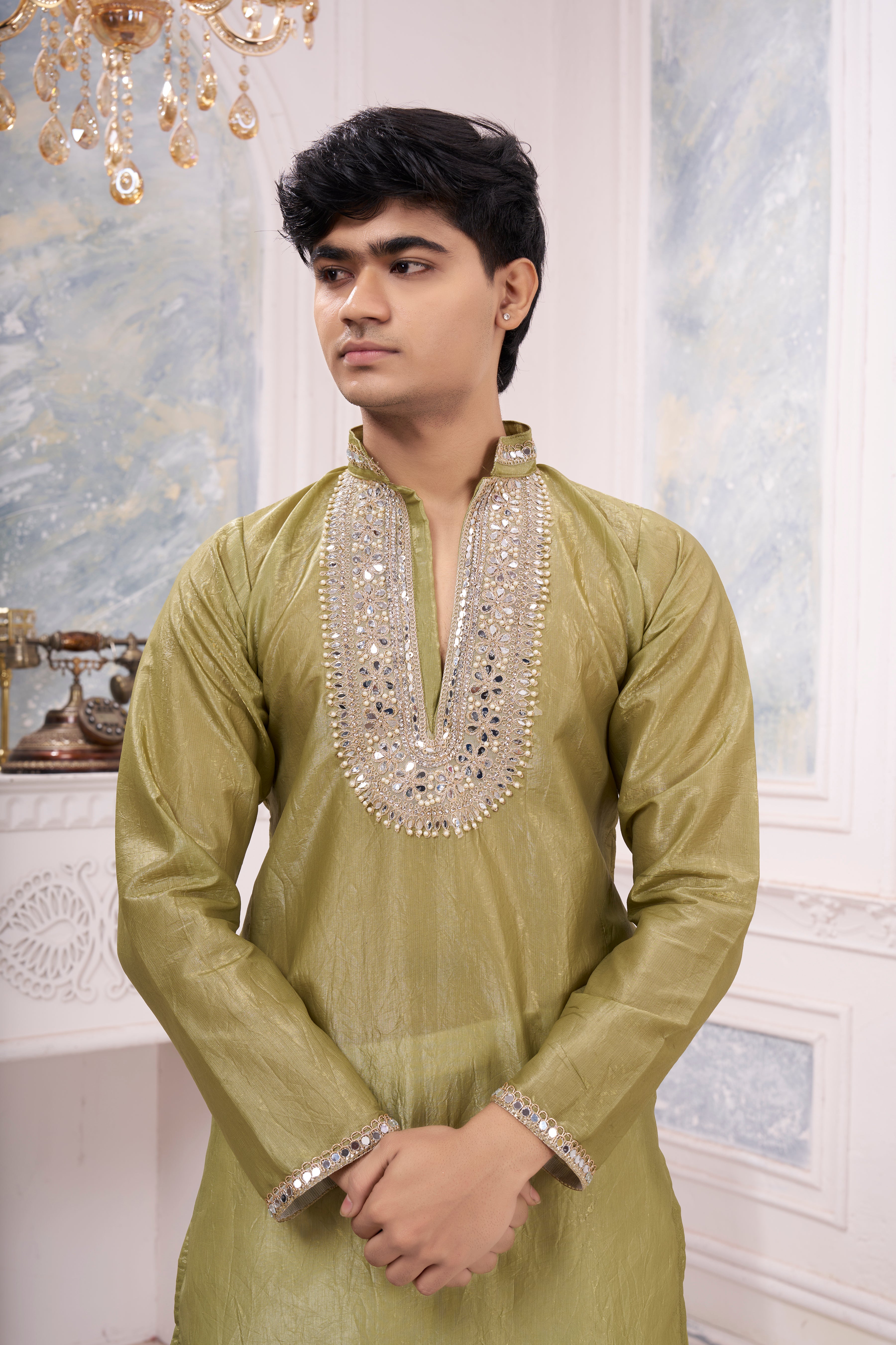 Men's Light Olive Green Silk Blend Kurta | Beyou more