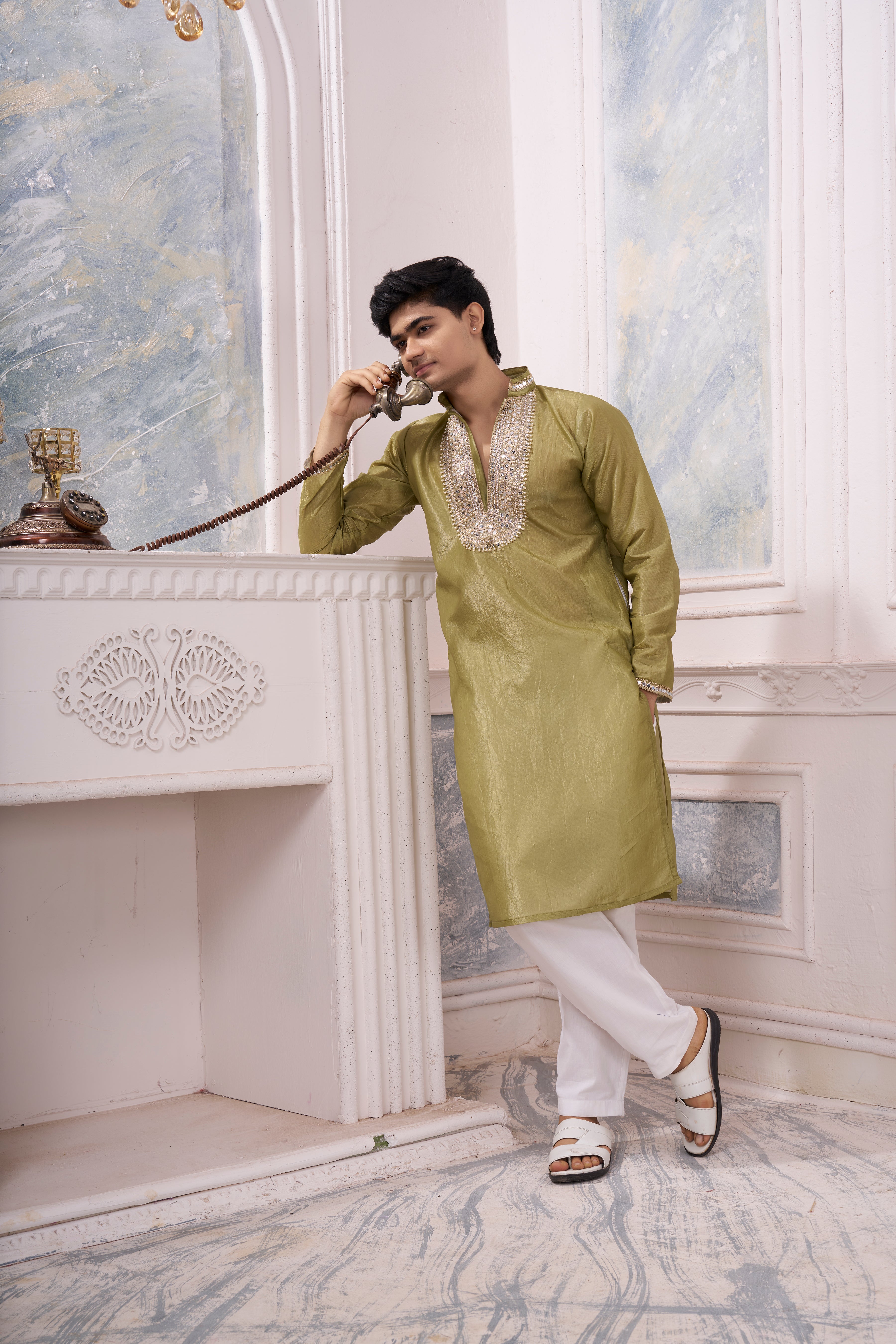 Men's Light Olive Green Silk Blend Kurta | Beyou more
